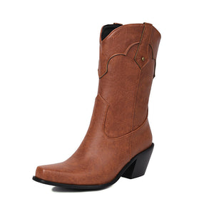 brown Women's vintage mid calf Mid block heels western boots