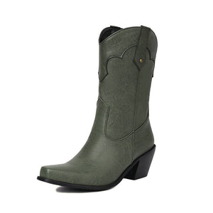 Women's vintage mid calf Mid block heels western boots