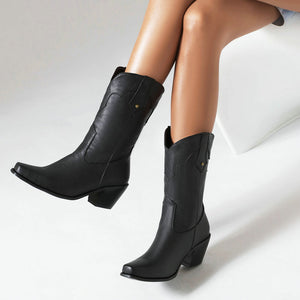 Women's vintage mid calf Mid block heels western boots