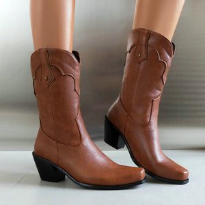 Women's vintage mid calf Mid block heels western boots