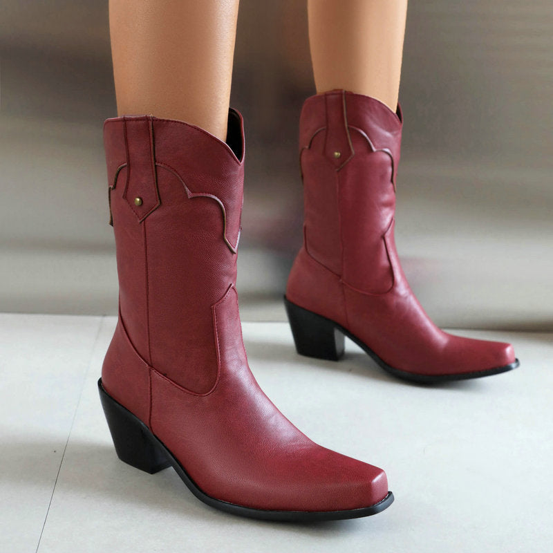 Women's vintage mid calf Mid block heels western boots