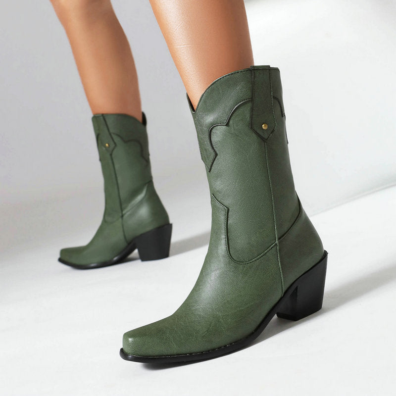 green Women's vintage mid calf Mid block heels western boots