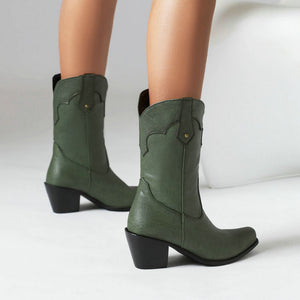 Women's vintage mid calf Mid block heels western boots