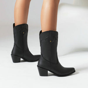 black Women's vintage mid calf Mid block heels western boots