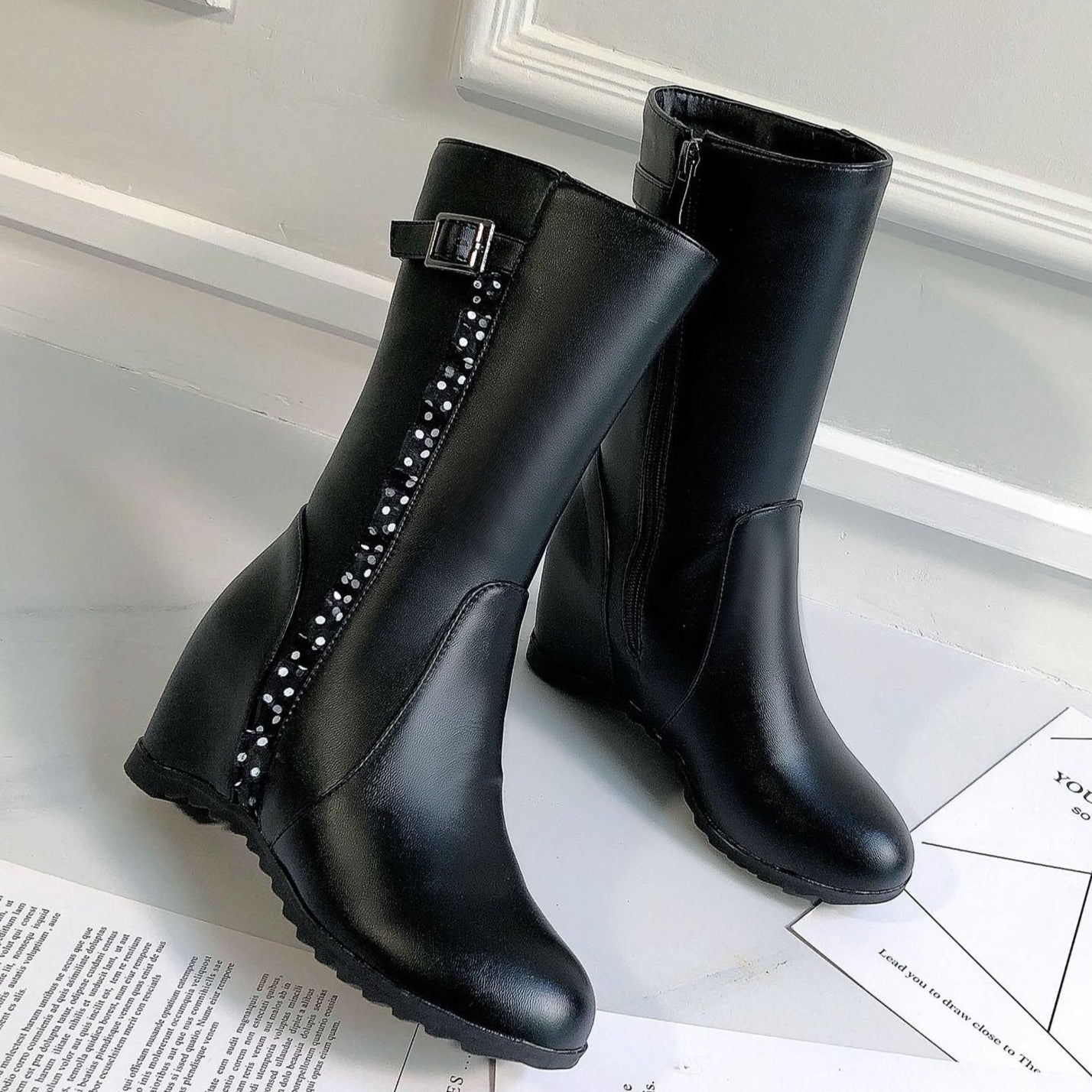 black Women's vintage mid calf boots with side lace trim