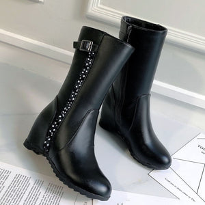 black Women's vintage mid calf boots with side lace trim