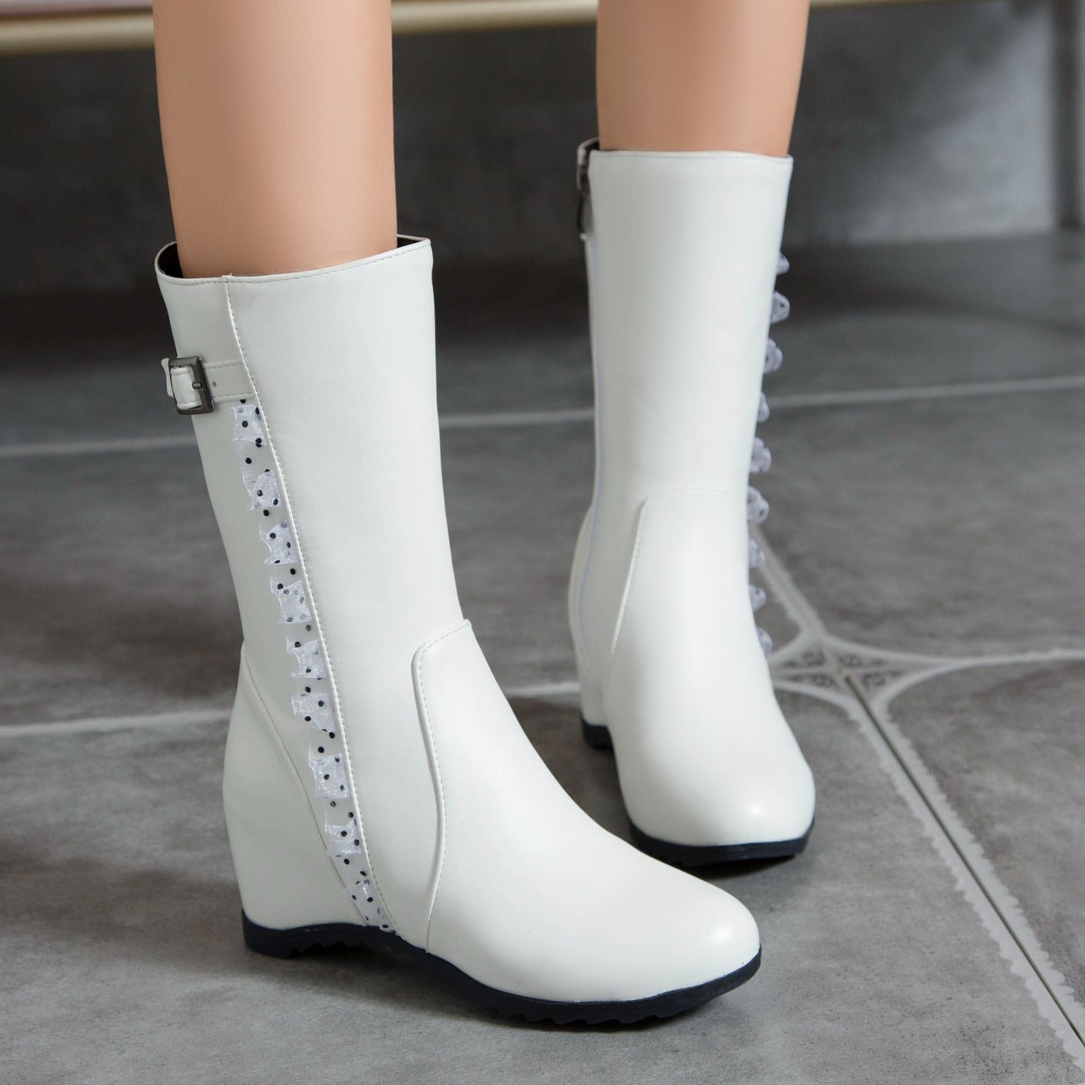 Women's vintage mid calf boots with side lace trim