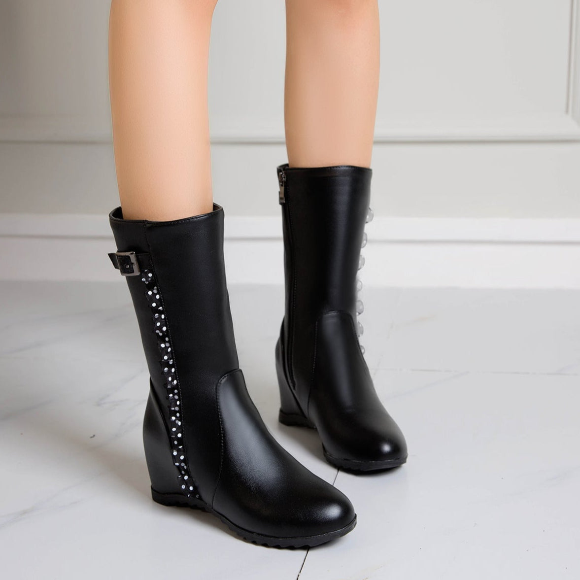 black Women's vintage mid calf boots with side lace trim