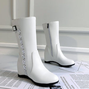 white Women's vintage mid calf boots with side lace trim