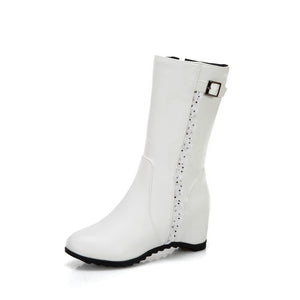 white Women's vintage mid calf boots with side lace trim