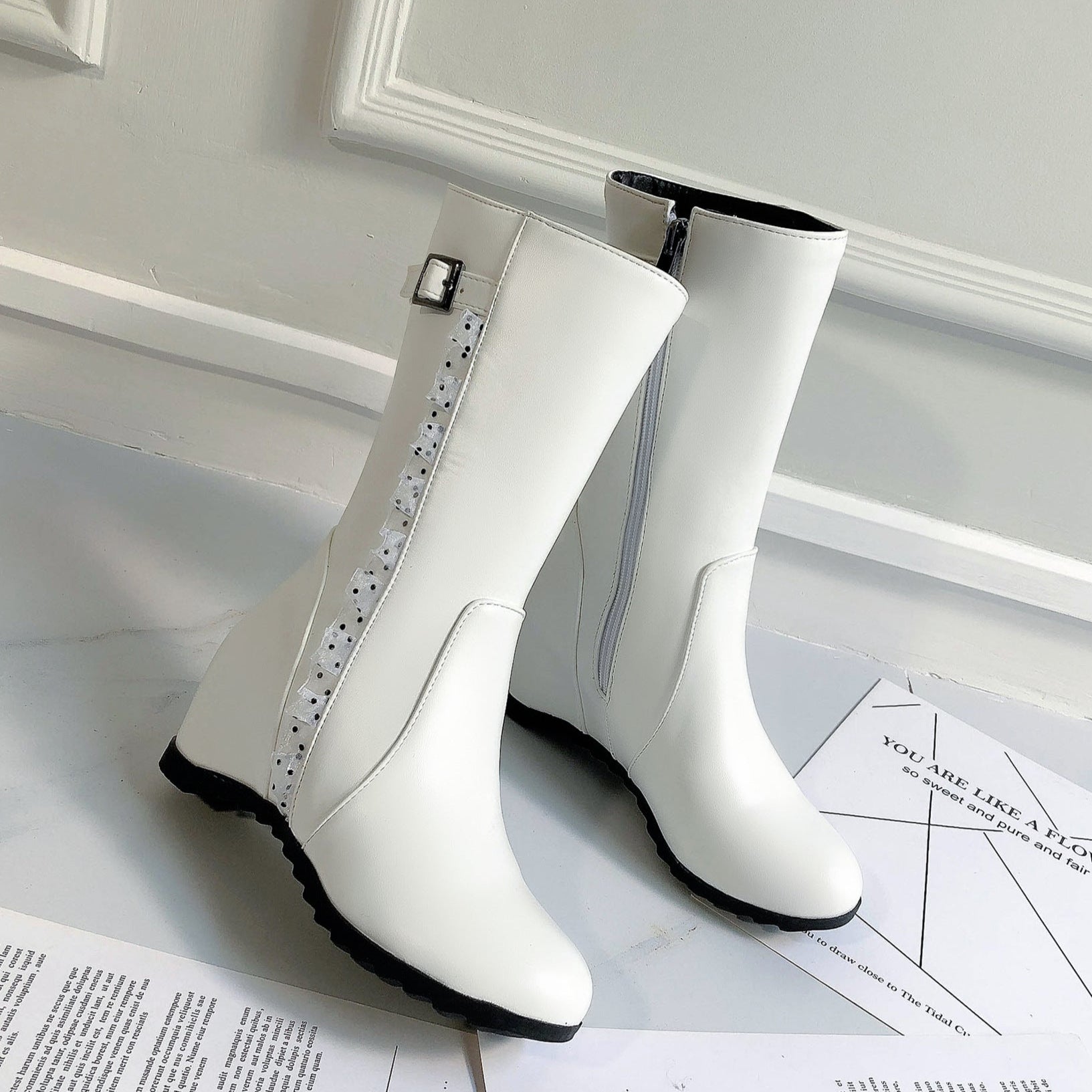white Women's vintage mid calf boots with side lace trim