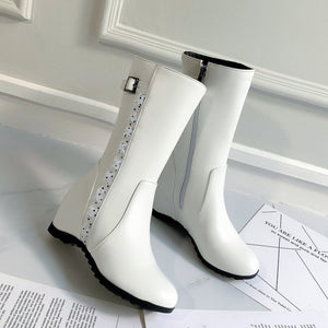 white Women's vintage mid calf boots with side lace trim