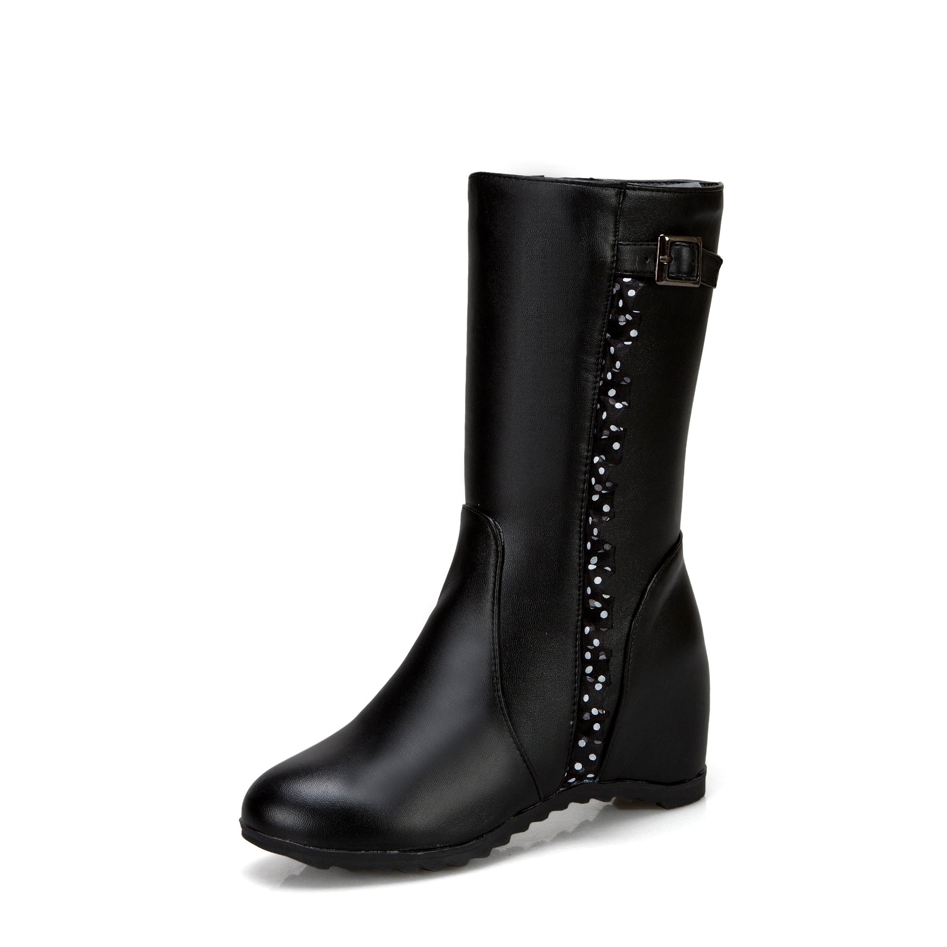 black Women's vintage mid calf boots with side lace trim