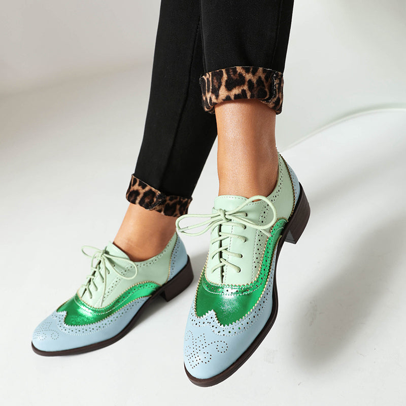 green Women's vintage multi-color patchwork oxfords shoes
