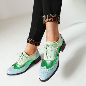 green Women's vintage multi-color patchwork oxfords shoes
