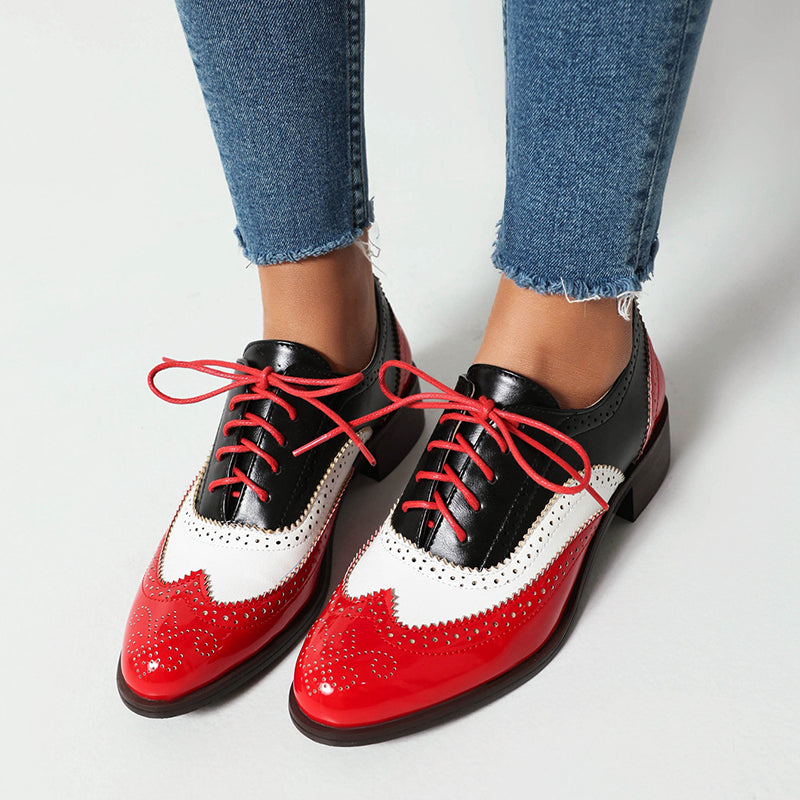 red Women's vintage multi-color patchwork oxfords shoes