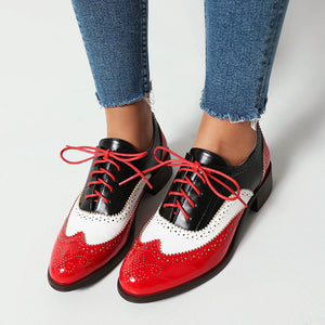 red Women's vintage multi-color patchwork oxfords shoes