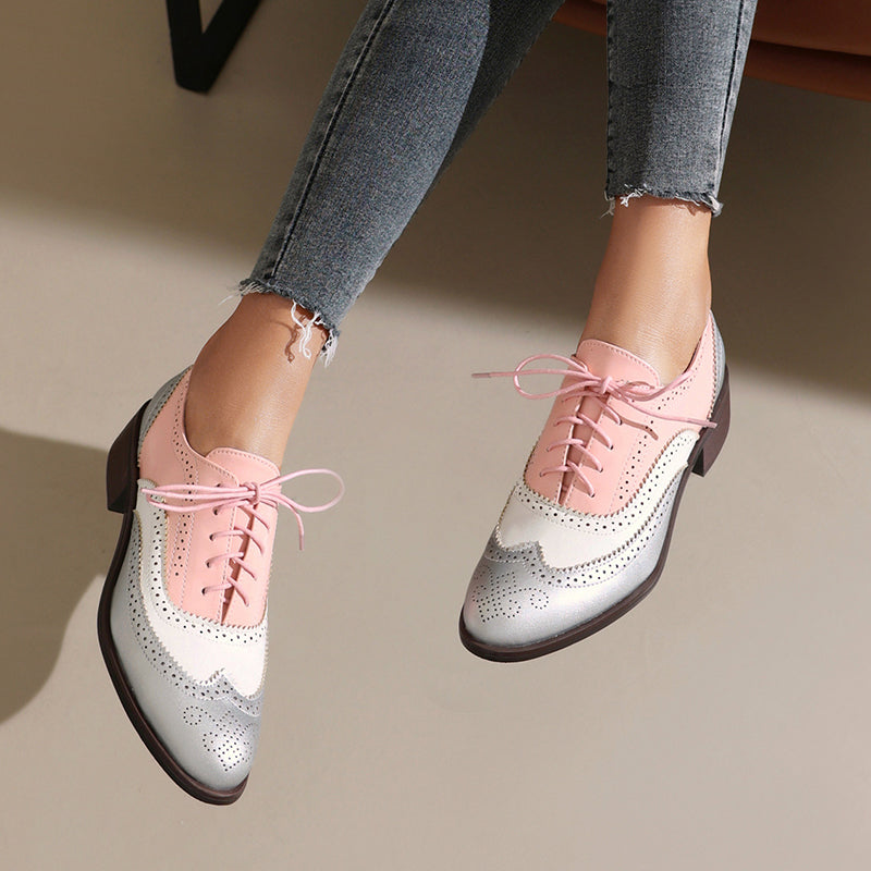 pink Women's vintage multi-color patchwork oxfords shoes