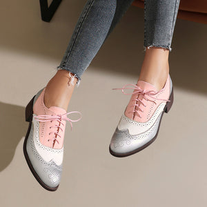 pink Women's vintage multi-color patchwork oxfords shoes