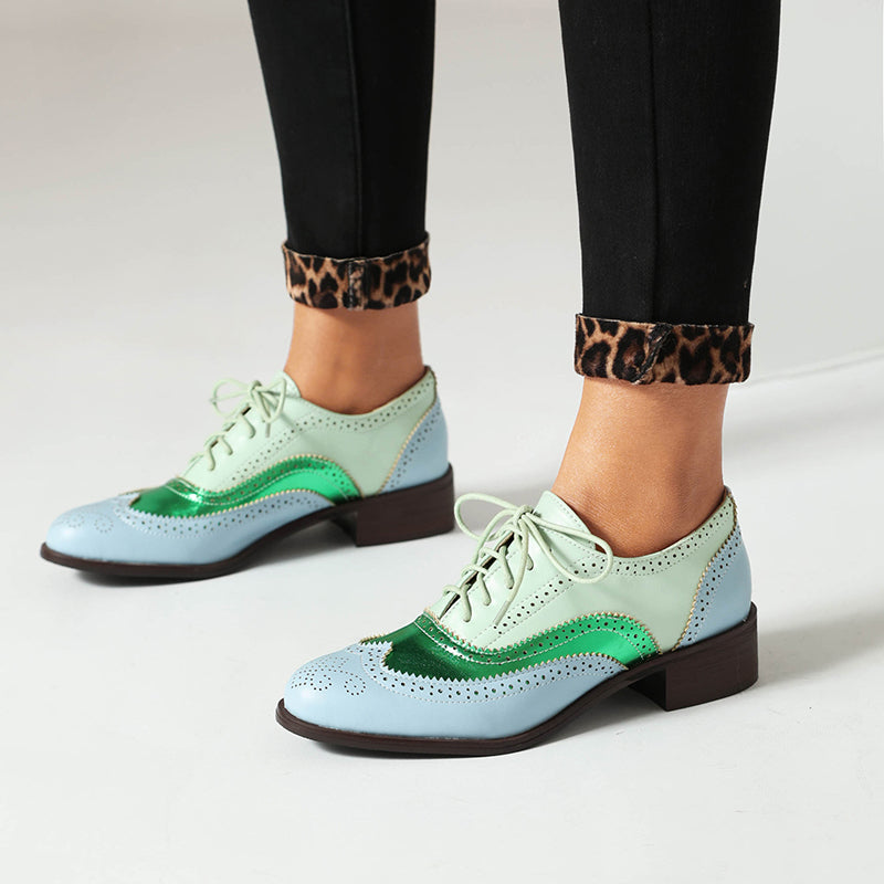 green Women's vintage multi-color patchwork oxfords shoes