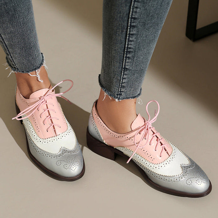 pink Women's vintage multi-color patchwork oxfords shoes
