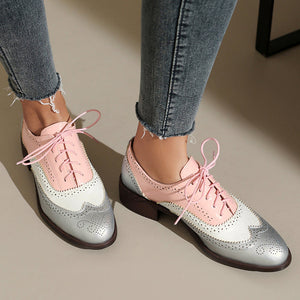 pink Women's vintage multi-color patchwork oxfords shoes