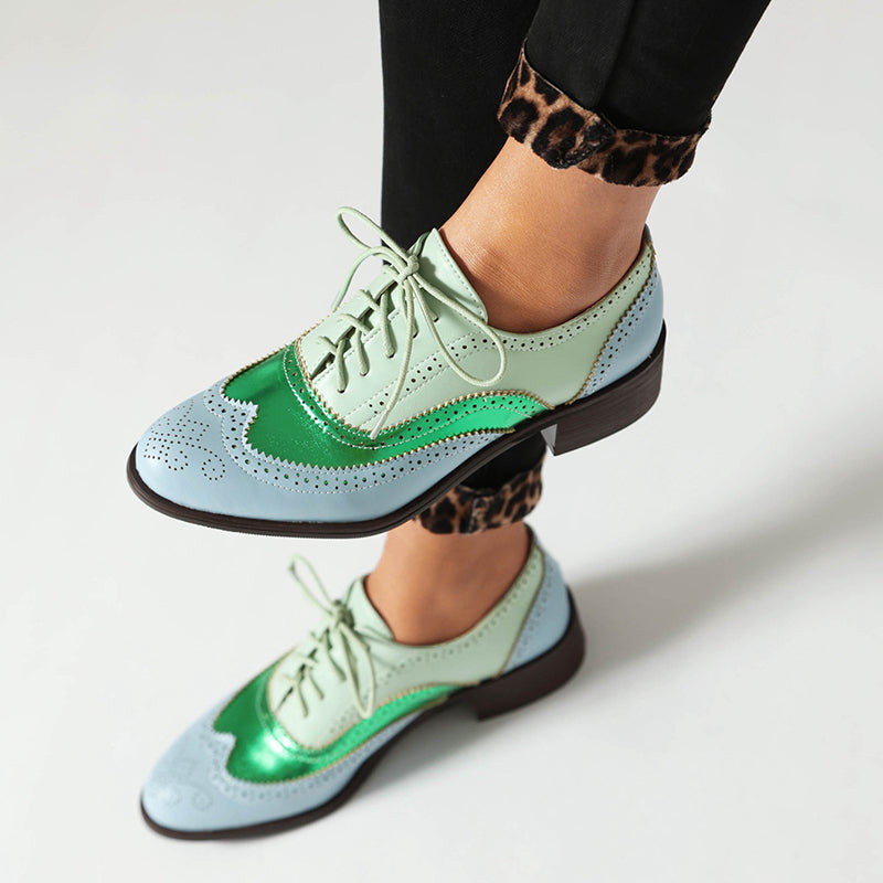 green Women's vintage multi-color patchwork oxfords shoes