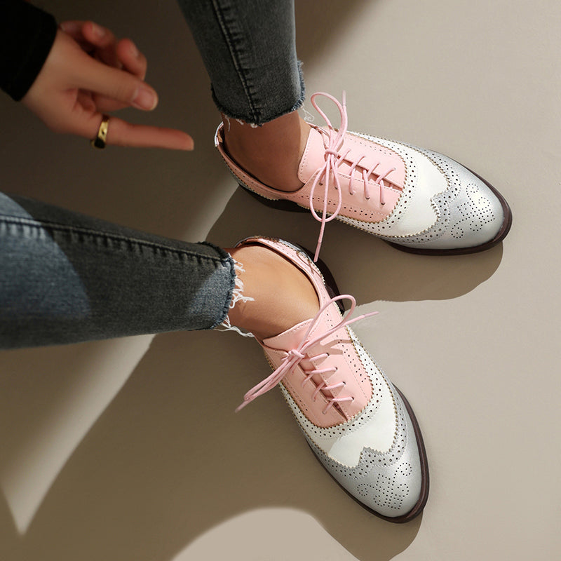 pink Women's vintage multi-color patchwork oxfords shoes