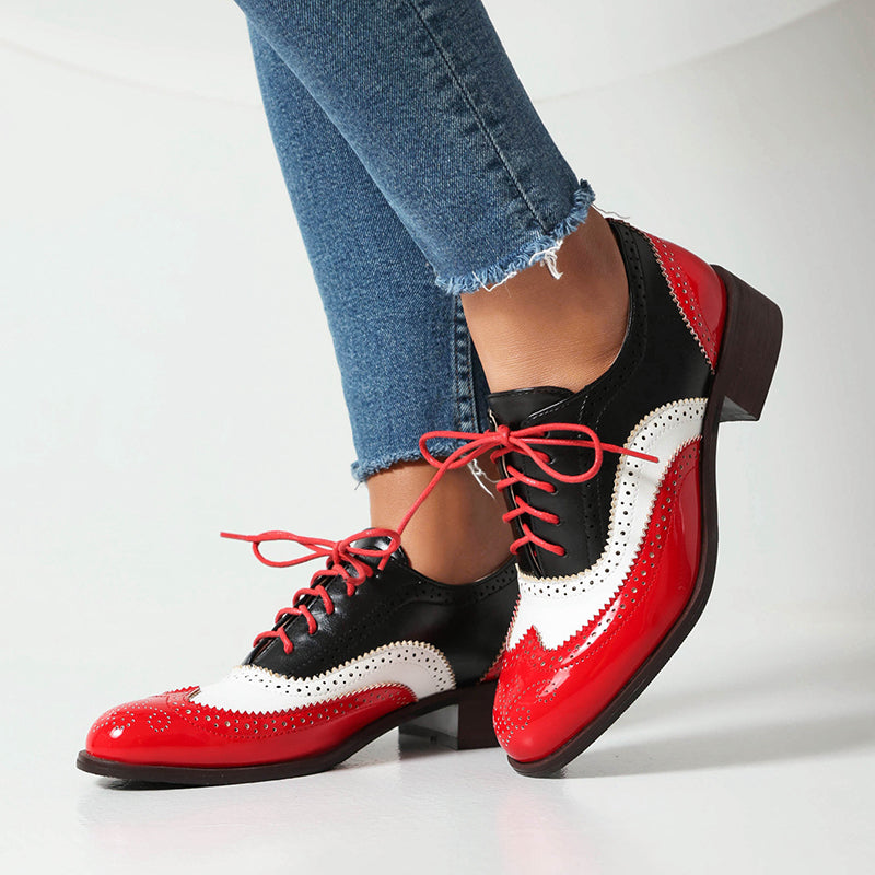 red Women's vintage multi-color patchwork oxfords shoes