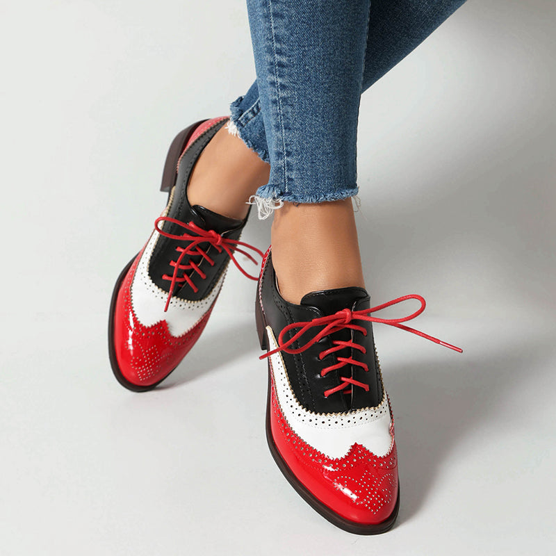 red Women's vintage multi-color patchwork oxfords shoes