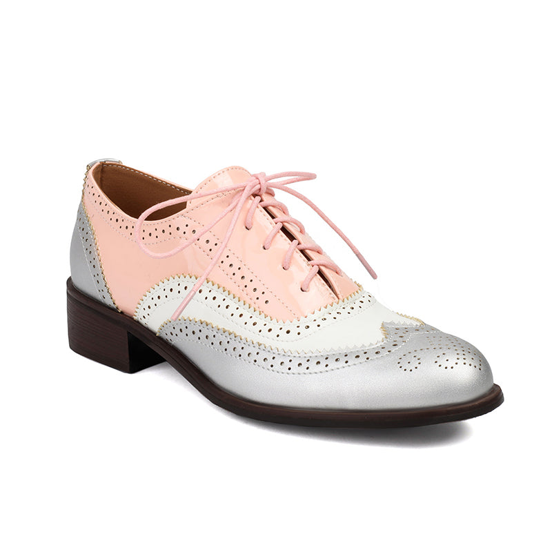 pink Women's vintage multi-color patchwork oxfords shoes