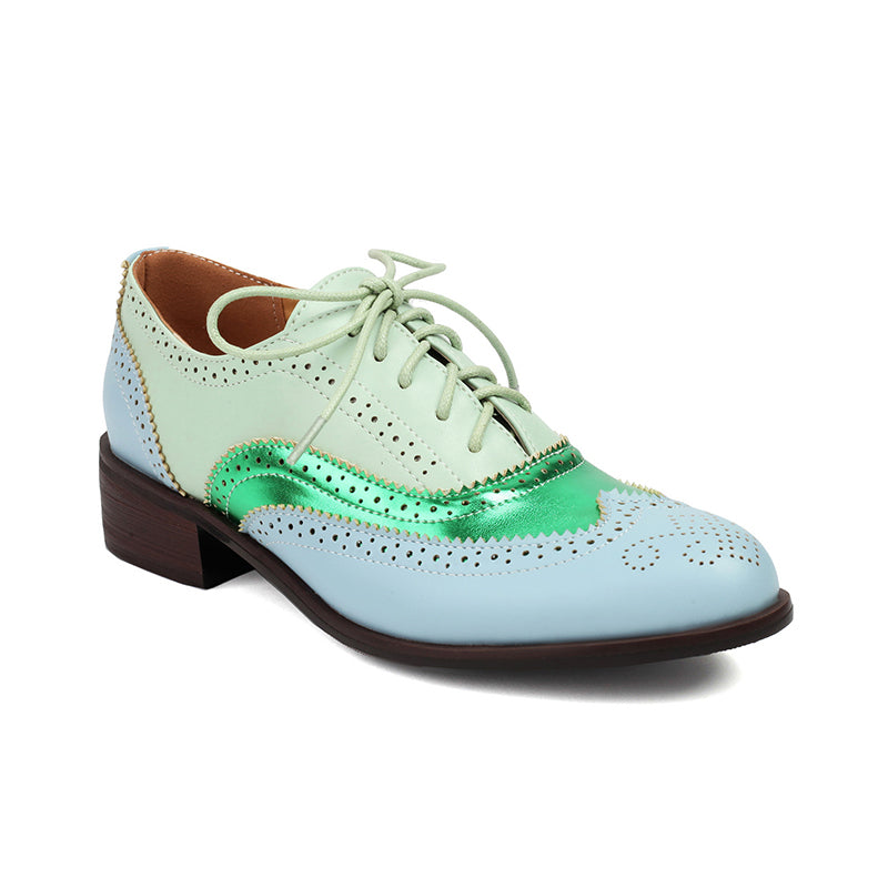 green Women's vintage multi-color patchwork oxfords shoes