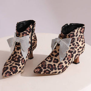 Women's vintage rhinestone bowknot kitten heels booties