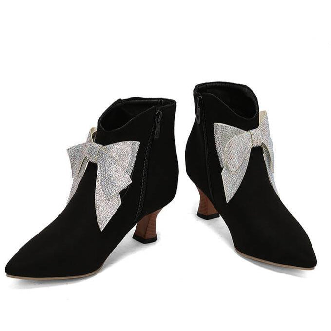 black Women's vintage rhinestone bowknot kitten heels booties