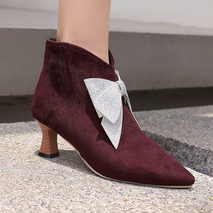 Women's vintage rhinestone bowknot kitten heels booties