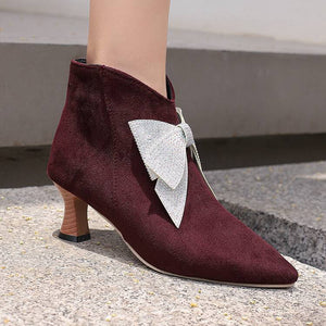 burgundy Women's vintage rhinestone bowknot kitten heels booties