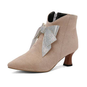 Women's vintage rhinestone bowknot kitten heels booties