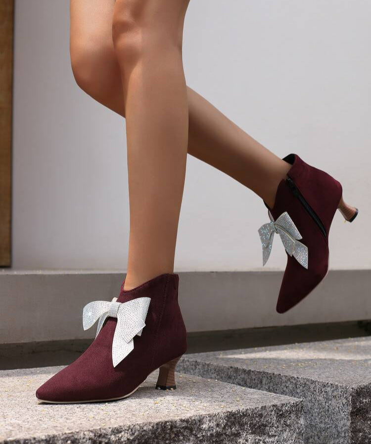 burgundy Women's vintage rhinestone bowknot kitten heels booties