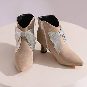 Women's vintage rhinestone bowknot kitten heels booties