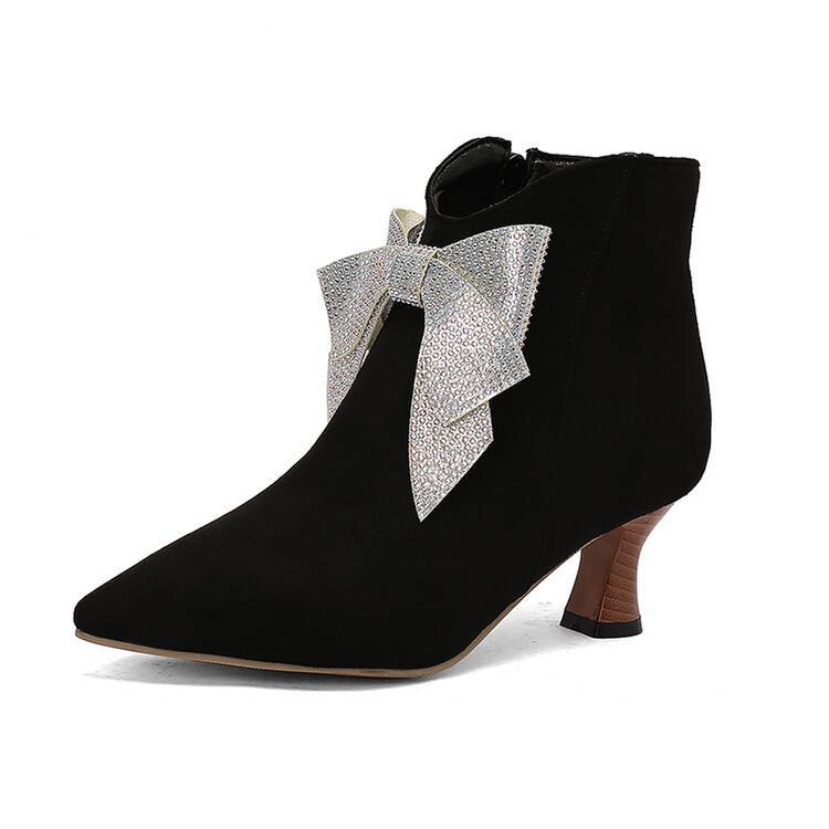black Women's vintage rhinestone bowknot kitten heels booties