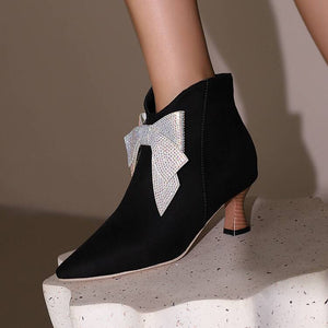 black Women's vintage rhinestone bowknot kitten heels booties