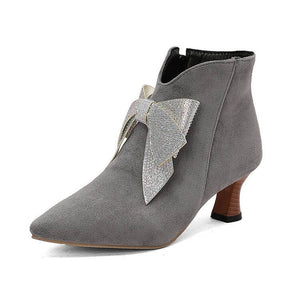 Women's vintage rhinestone bowknot kitten heels booties