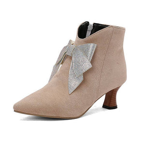 Women's vintage rhinestone bowknot kitten heels booties