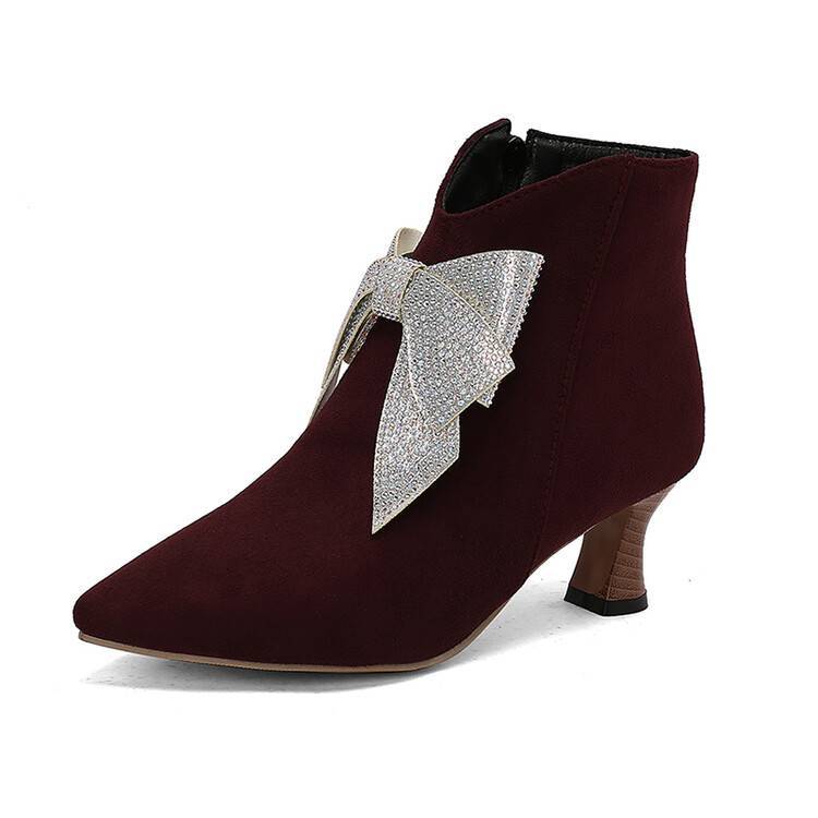 burgundy Women's vintage rhinestone bowknot kitten heels booties
