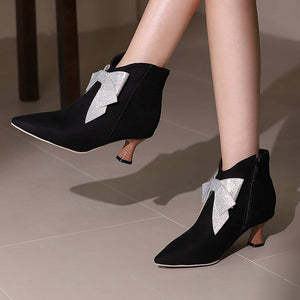 black Women's vintage rhinestone bowknot kitten heels booties