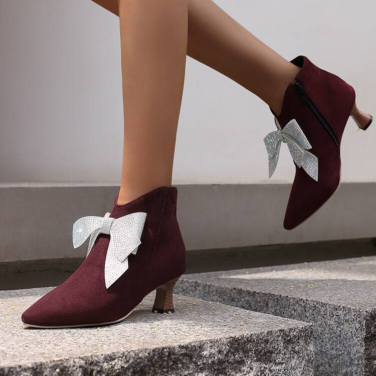 Women's vintage rhinestone bowknot kitten heels booties
