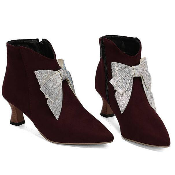 burgundy Women's vintage rhinestone bowknot kitten heels booties
