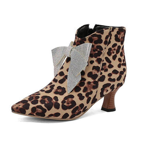 Women's vintage rhinestone bowknot kitten heels booties