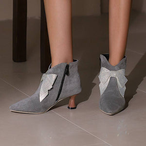 gray Women's vintage rhinestone bowknot kitten heels booties