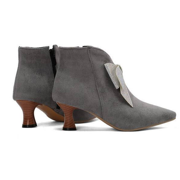 gray Women's vintage rhinestone bowknot kitten heels booties